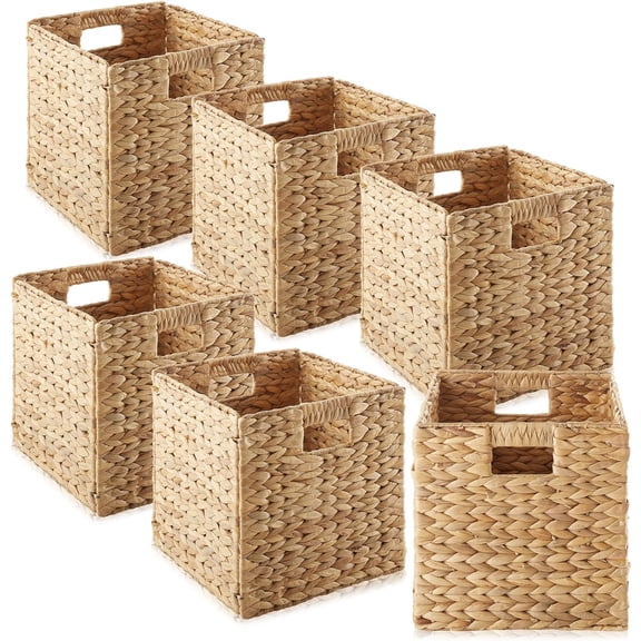 JessieMal 10.5" x 10.5" Water Hyacinth Storage Baskets, Natural - Set of 6 Collapsible Cube Organizers, Woven Bins for Bathroom, Bedroom, Laundry, Pantry, Shelves