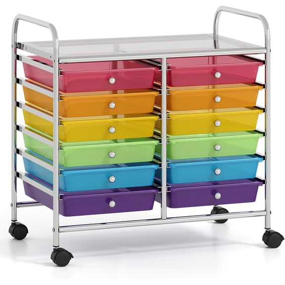 JessieMal 12-Drawer Rolling Storage Cart, Multifunctional Art Craft Organizer Cart, Mobile Utility Storage Cart with Removable Drawers & Lockable Wheels, Craft Cart for Home Office School, Rainbow