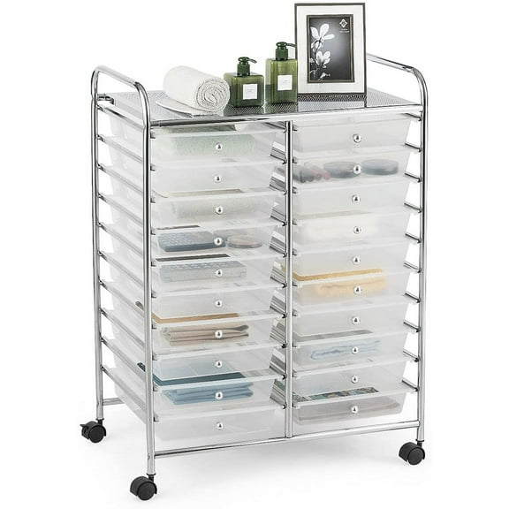 JessieMal 20-Drawer Rolling Storage Cart, Multifunctional Art Craft Organizer Cart, Mobile Utility Storage Cart with Removable Drawers & Lockable Wheels, Craft Cart for Home Office School, Clear