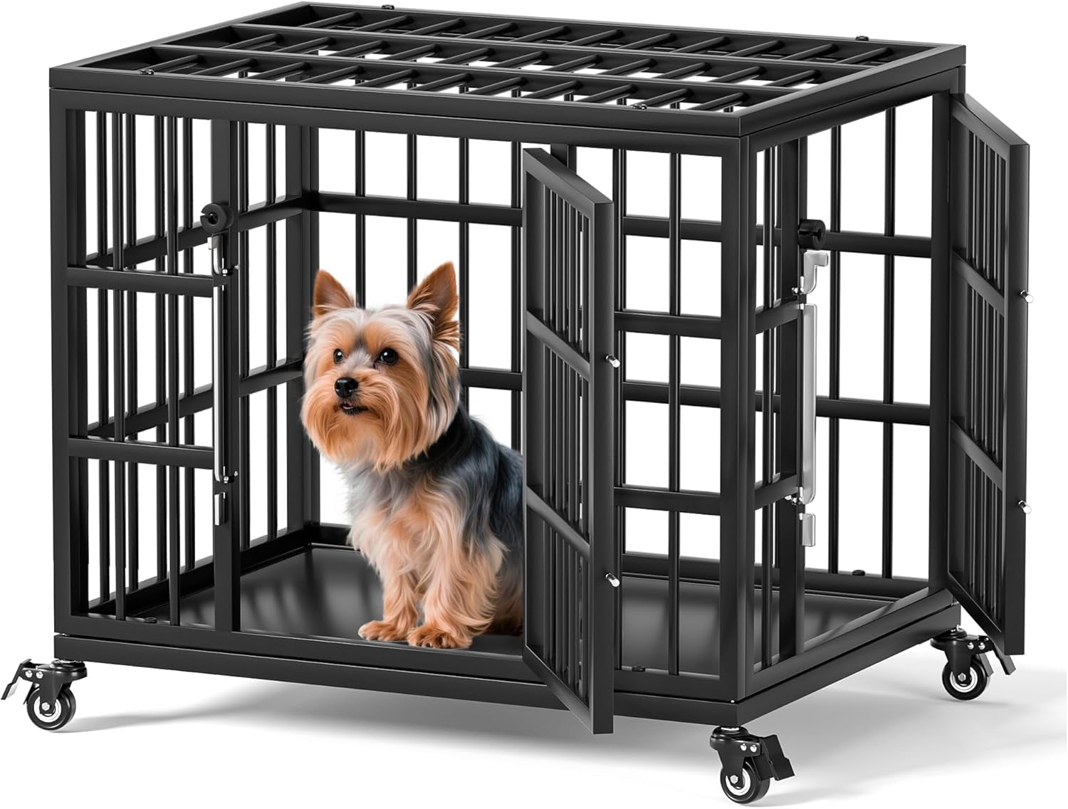 JessieMal 24 Inch Heavy Duty Dog Crate for Small Dogs with Self-Locking Latch, Escape-Proof Steel Kennel Indoor, Double Door Metal Pet Cage with Wheels and Removable Floor
