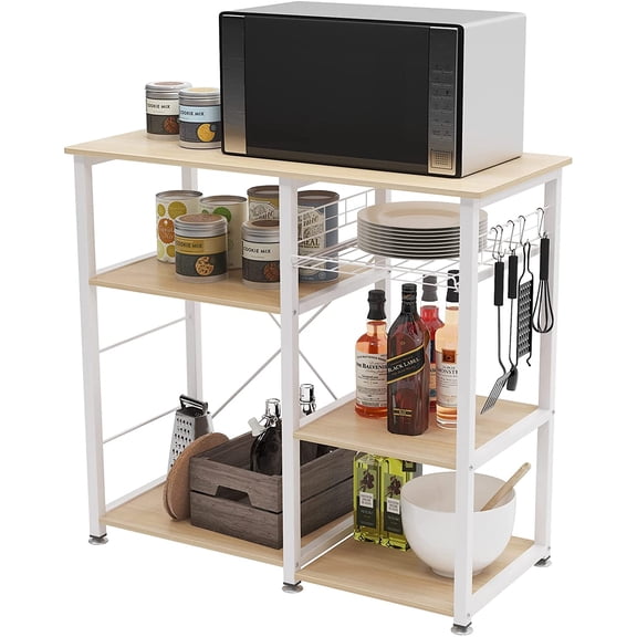 JessieMal 3-Tier Kitchen Baker's Rack Utility Shelf Microwave Stand with Storage and Drawer Storage Cart Workstation Shelf,White Maple BHUS-W5S-MO