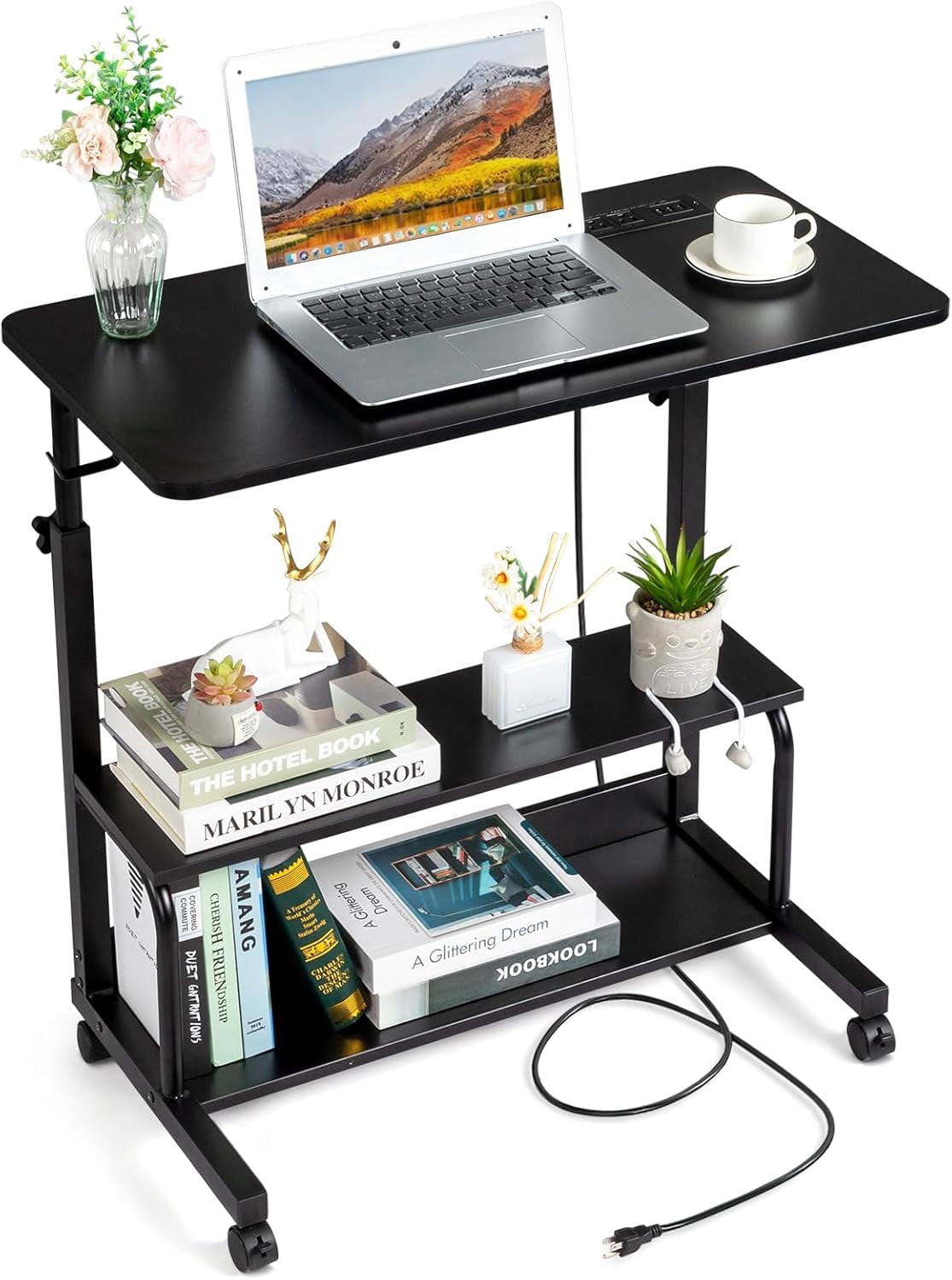 JessieMal 31.5" Portable Rolling Desk on Wheels,Height Adjustable Standing Desk with 2 AC Outlets/3 USB Ports,Mobile Laptop Table with Hooks and Storage Shelves for Home Office，Black