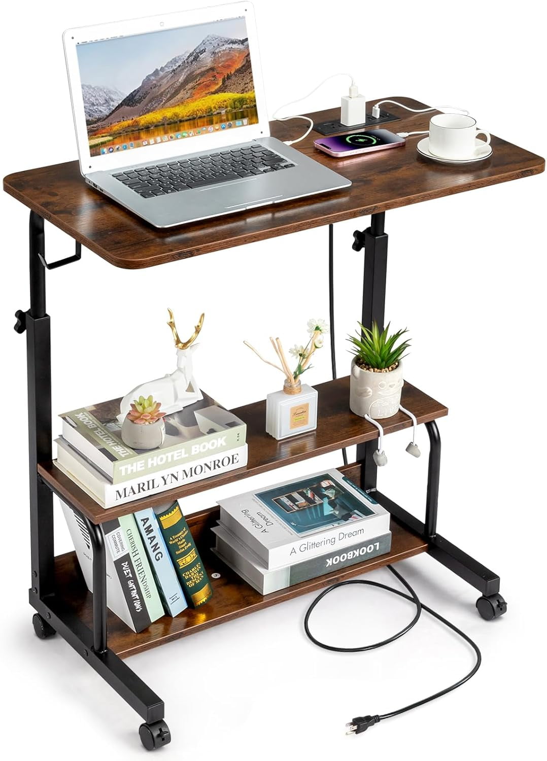 JessieMal 31.5" Portable Rolling Desk on Wheels,Height Adjustable Standing Desk with 2 AC Outlets/3 USB Ports,Mobile Laptop Table with Hooks and Storage Shelves for Home Office，Rustic Brown