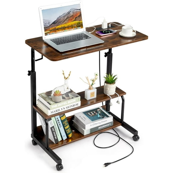 JessieMal 31.5" Portable Rolling Desk on Wheels,Height Adjustable Standing Desk with 2 AC Outlets/3 USB Ports,Mobile Laptop Table with Hooks and Storage Shelves for Home Office,Rustic Brown