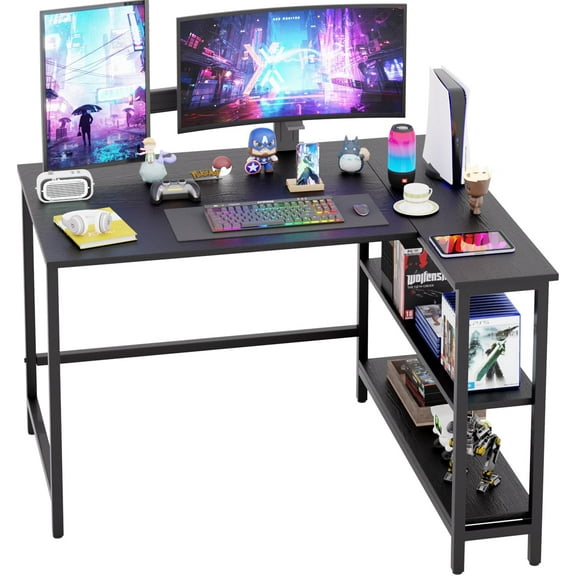 JessieMal 43 Inch L-Shaped Computer Desk,Gaming Desk with Durable Metal Frame,Corner Desk with Reversible Storage Shelves for Home Office Gaming Study,Black (43 inch)