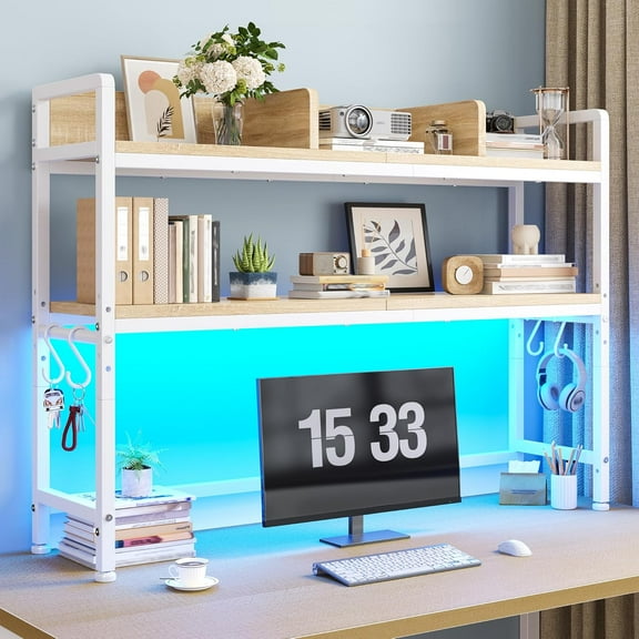 JessieMal 45.2" Desk Shelf with LED Lights and Hooks,2-Tier Adjustable Multipurpose Solid Wood Desk Hutch Dorm,Desktop Organizer Rack with 3 Display Rack for Dorm,Office Home,White