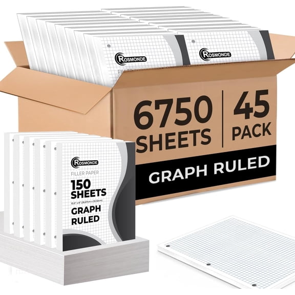 JessieMal 45 Pack, 6750 Sheets Graph Paper Bulk, 4x4, Bulk Grid Paper | Bulk Loose Leaf Paper, 8" x 10.5", Thick Graphing Paper, Fights Ink Bleed, 3 Hole Punched, Quad Ruled, Bulk School Supplies