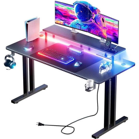 JessieMal 47 Inch Gaming Desk with 5 Sockets & LED Lights, Computer Gamer Desk with Monitor Stand, Ergonomic Carbon Fiber Gaming Table Home Office Desk with Cup Holder, Headphone Hook & Mouse Pad