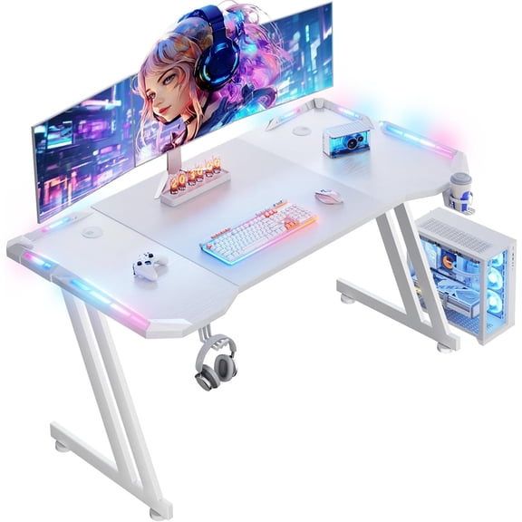 JessieMal 47 Inch Gaming Desk with LED Lights Carbon Fibre Surface Gaming Table Large Computer Desk Ergonomic Home Office Desks Z Shaped PC Gamer Workstations with Cup Holder & Headphone Hook White