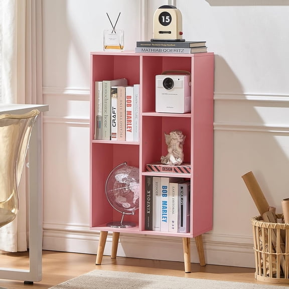 JessieMal 5 Cube Bookshelf 3-Tier Bookcase with Legs,Mint Light Pink Kids Book Shelf Cute Storage Organizer,Free Standing Open Toy Shelves Wood Bookshelves,Display Bookcases for Bedroom,Living Room