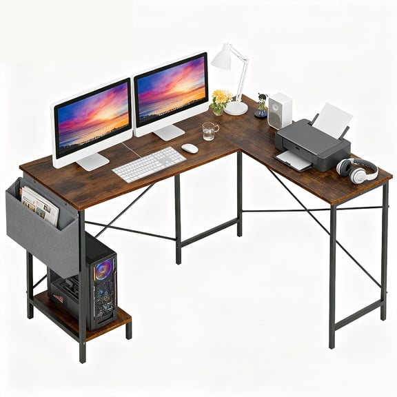JessieMal 50 Inch L-Shaped Computer Desk,Gaming Desk with Durable Metal Frame,Corner Desk with Side Storage Bag & CPU Stand for Home Office Gaming Study,Brown