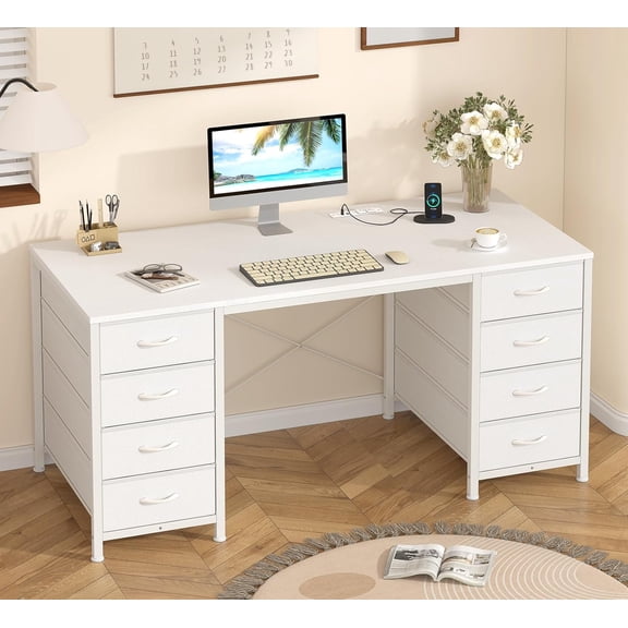JessieMal 50 Inch White Computer Desk with 8 Drawers, Home Office Desk with Power Outlets, Work Study Gaming Desk with 8 Fabric Drawers, White