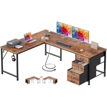 JessieMal 63" L Shaped Computer Desk with Power Outlet, Reversible Home Office Desk with 2 Fabric Drawers, File Cabinet, Hooks, Corner Work Table, Rustic Brown