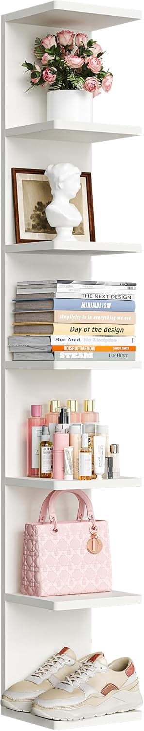 JessieMal 7-Tier Floating Wall Shelf, White Wall Mounted Display and Storage Shelf, Decorative Shelves for Bedroom, Living Room, Bathroom, and Office