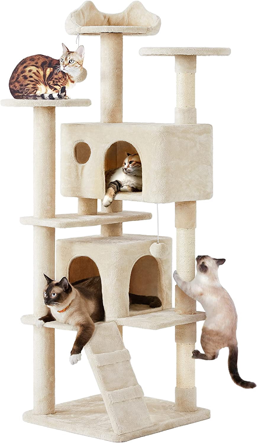 JessieMal 70in Multi-Level Cat Tree Tall Cat Tower Cat Furniture with Condo, Scratching Posts & Dangling Ball for Indoor Cats Activity Center, Beige