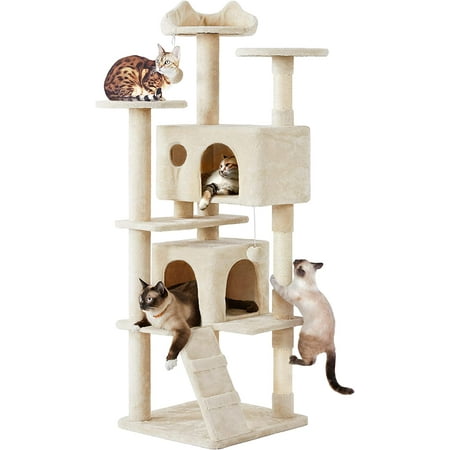 JessieMal 70in Multi-Level Cat Tree Tall Cat Tower Cat Furniture with Condo, Scratching Posts & Dangling Ball for Indoor Cats Activity Center, Beige