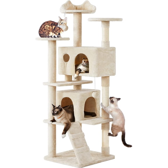 JessieMal 70in Multi-Level Cat Tree Tall Cat Tower Cat Furniture with Condo, Scratching Posts & Dangling Ball for Indoor Cats Activity Center, Beige