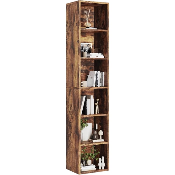 JessieMal 71.5" Tall Narrow Bookshelf, 6-Tier Cube Display Rack, Modern Corner Bookshelf with Storage Space, CD Storage Cabinet for Home Office (Brown 1 Pack, 6-Tier)