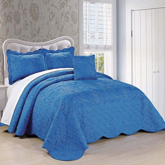 JessieMal Damask 4 Piece Bedspread Set,Scalloped Edge Reversible Quilt Coverlet Comforter Prewashed Bedding Set, Matelasse Embossed Floral Solid Pattern,Palace Blue Oversize King(120" x 120")