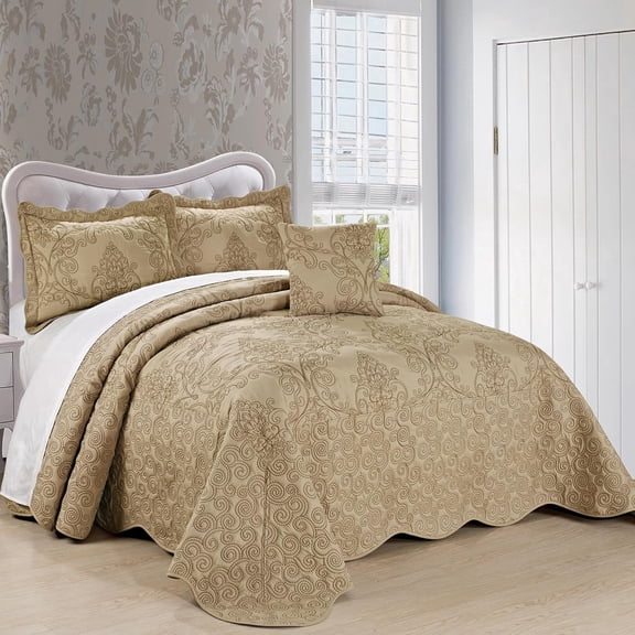 JessieMal Damask 4 Piece Bedspread Set, Scalloped Edge Reversible Quilt Coverlet Comforter Prewashed Bedding Set, Matelasse Embossed Floral Solid Pattern,Incense Oversize King(120" x 120")