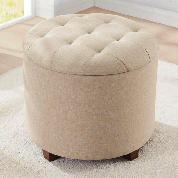 JessieMal Decor Round Ottoman with Storage, Round Vanity Chair Stool Ottoman Pouf with Storage for Living Room and Bedroom, Linen Beige