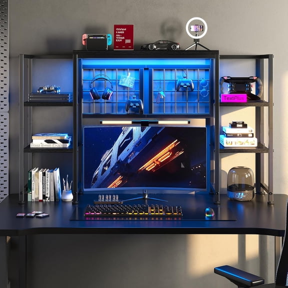JessieMal Desk Shelf with LED Light Strip,Adjustable 45.1" Desk Hutch Dorm with 5 Tier Display Shelf Rack,Desktop Bookshelf with Grid Panel & Hooks for Home, Office and Dorm, Black