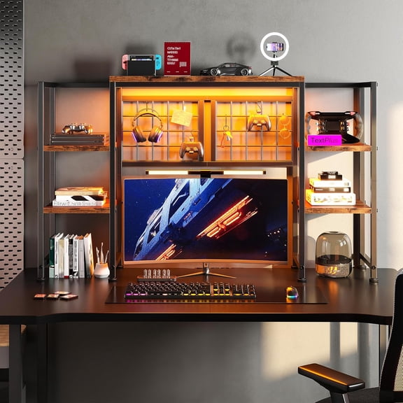 JessieMal Desk Shelf with LED Light Strip,Adjustable 45.1" Desk Hutch Dorm with 5 Tier Display Shelf Rack,Desktop Bookshelf with Grid Panel & Hooks for Home, Office and Dorm, Rustic Brown