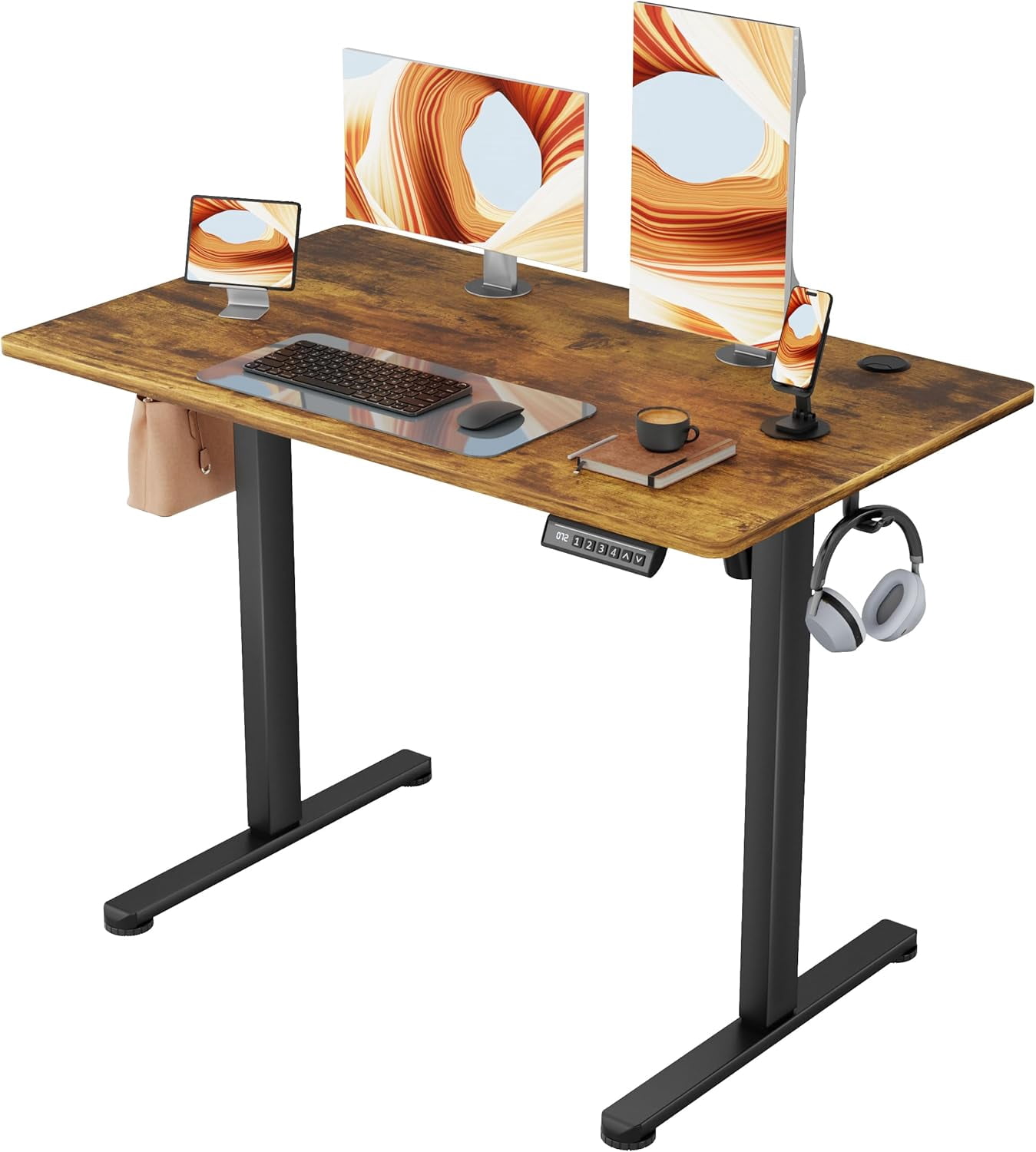 JessieMal Electric Standing Desk, 40 x 24 Inches Sit Stand up Desk, Sit Stand Height Adjustable Home Office Desk with 4 Height Position Memory - with Splice Board (Rustic Brown, 40)