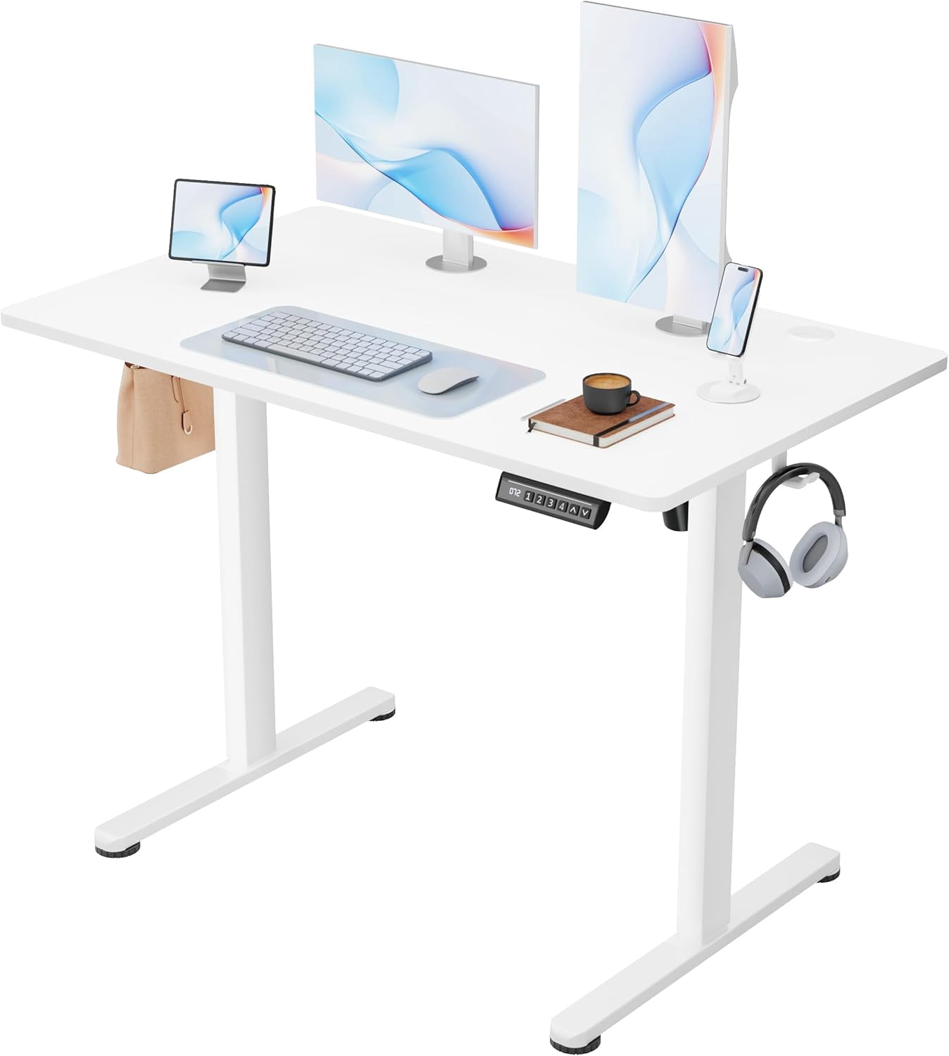 JessieMal Electric Standing Desk, 40 x 24 Inches Sit Stand up Desk, Sit Stand Height Adjustable Home Office Desk with 4 Height Position Memory - with Splice Board (White, 40)
