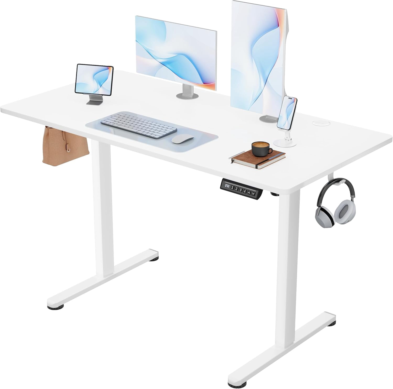 JessieMal Electric Standing Desk, 45 x 24 Inches Sit Stand up Desk, Sit Stand Height Adjustable Home Office Desk with 4 Height Position Memory - with Splice Board (White, 45)