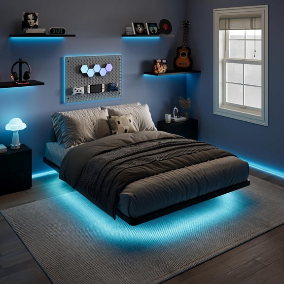 JessieMal Floating Bed Frame Full Size with Smart LED Lights and Charging Station, Heavy Duty Metal Platform Bed with Modern Design,No Box Spring Needed, Easy Assembly, Matte Black