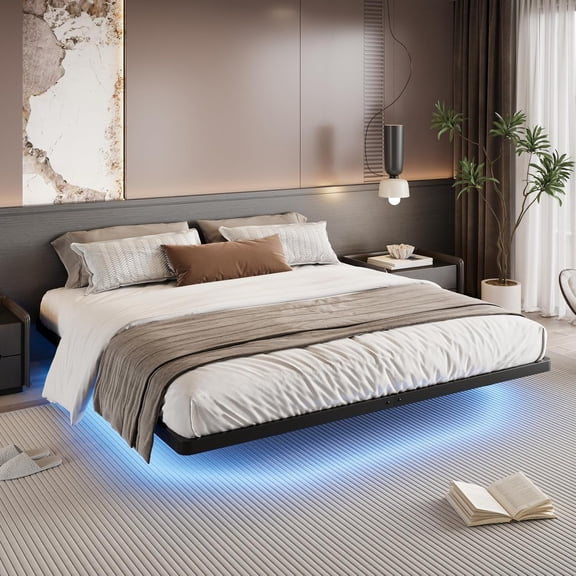 JessieMal Floating Bed Frame King Size with Smart LED Lights and Charging Station, Heavy Duty Metal Platform Bed with Modern Design,No Box Spring Needed, Easy Assembly, Matte Black