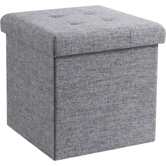 JessieMal Foldable Tufted Linen Storage Ottoman Square Cube Foot Rest Stool/Seat - 15" x 15" x 15" (Grey)