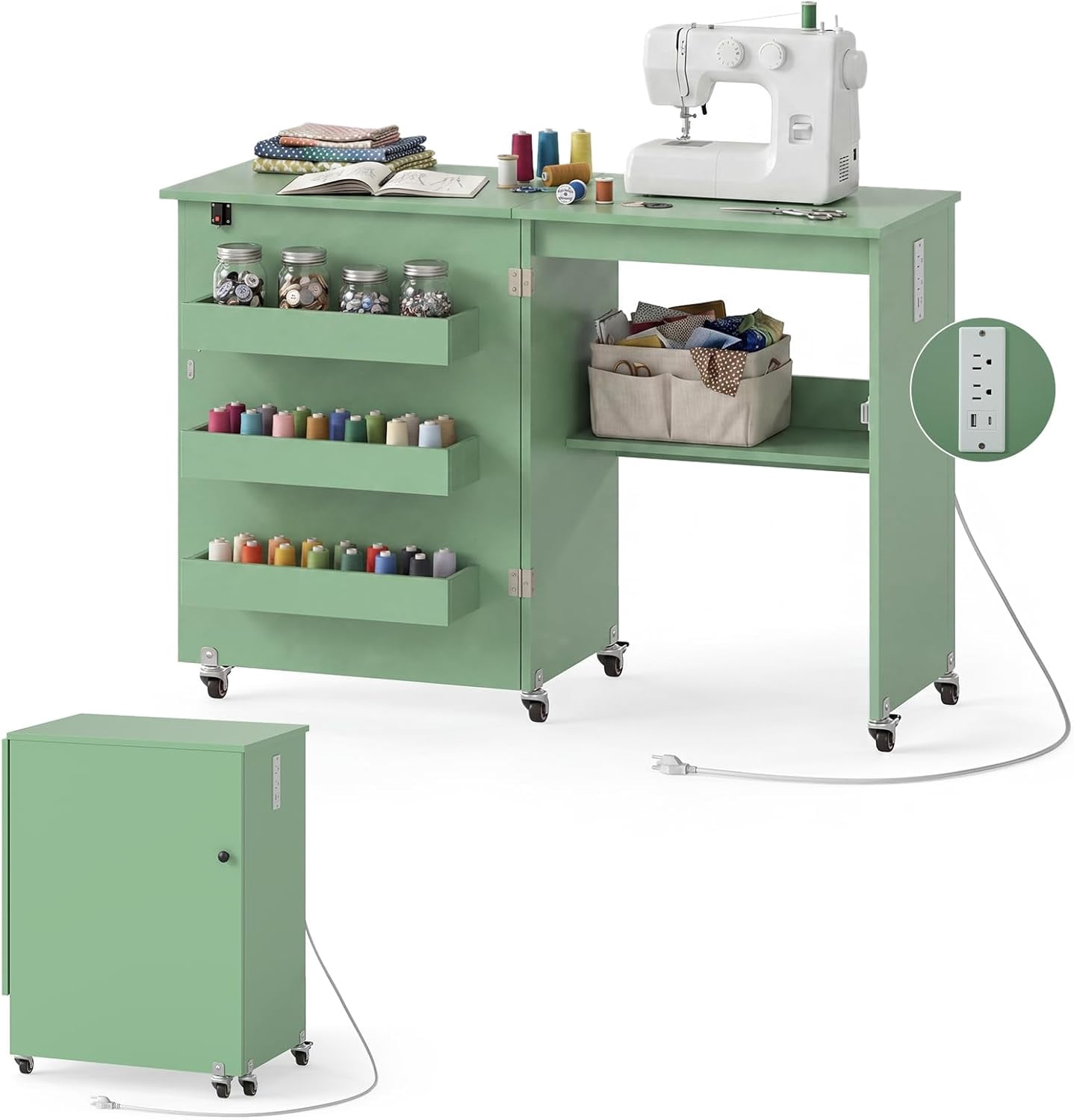 JessieMal Folding Sewing Table with Charging Station, Rolling Craft ...