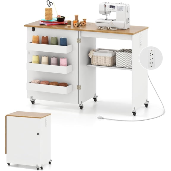 JessieMal Folding Sewing Table with Charging Station, Rolling Craft Table with Storage Trays & Shelf, Foldable Sewing Machine Cabinet Desk with Lockable Wheels for Small Spaces (White & Natural)