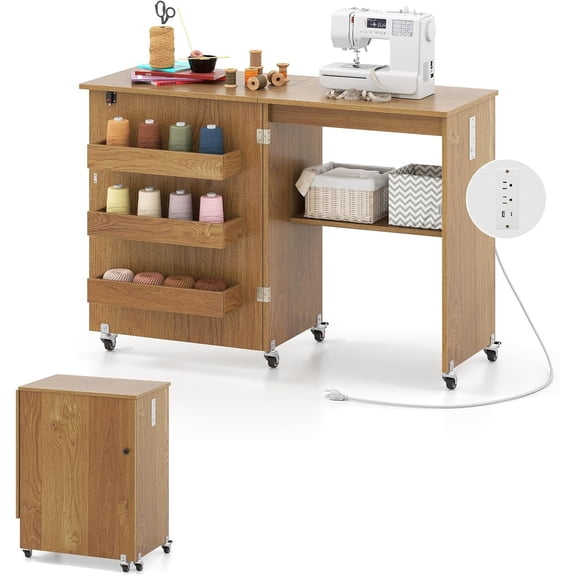 JessieMal Folding Sewing Table with Charging Station, Rolling Craft Table with Storage Trays & Shelf, Foldable Sewing Machine Cabinet Desk with Lockable Wheels for Small Spaces (Natural)