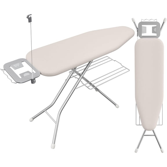 JessieMal Ironing Board, Compact Iron Board with Cord Holder, Steam Iron Rest and Bottom Storage Tray, 9 Adjustable Heights & 3 Layer Cover, Folding Heavy Duty Ironing Board 52X14, Beige