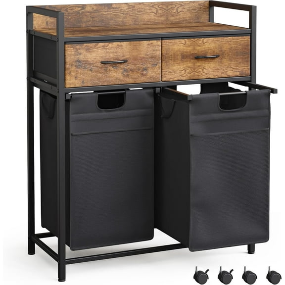 JessieMal Laundry Sorter with 2 Drawers, 100L with Pull-Out Removable Laundry Bags, Laundry Hamper Baskets with 2 Section and Wheels, Rustic Brown and Black