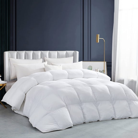 JessieMal Luxurious White Solid Heavy Weight, King Size Goose Feathers Down Comforter for Winter Weather Duvet Insert, Premium Baffle Box, 100% Egyptian Cotton Cover, 70 oz. Fill Weight
