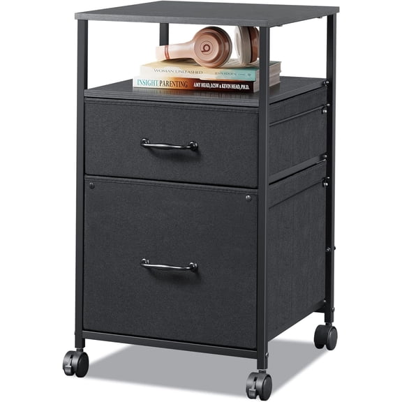 JessieMal Mobile File Cabinet, Rolling Printer Stand with Open Storage Shelf, Fabric Vertical Filing Cabinet fits A4 or Letter Size for Home Office, Black