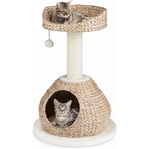 JessieMal Modern Cat Tree, Small Cat Tower with Natural Sisal Scratching Post, Hand-Made Wicker Cat Condo & Top Perch, Funny Hanging Toy Ball, Cute Cat Tree Tower for Indoor Cats