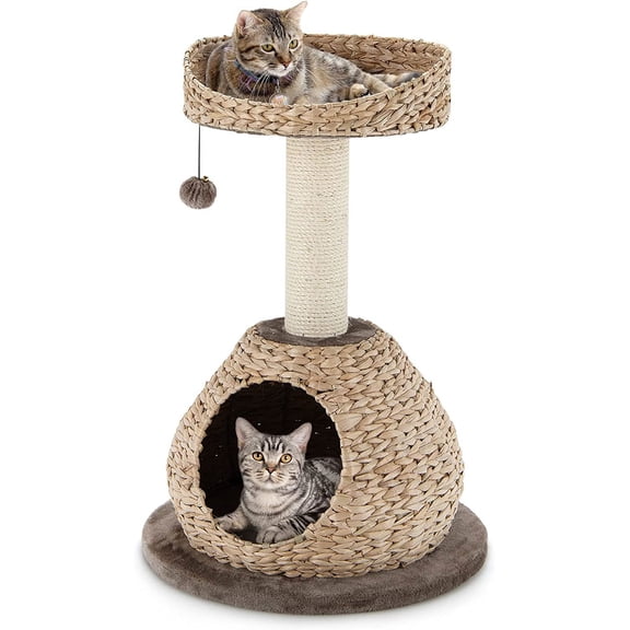 JessieMal Modern Cat Tree, Small Cat Tower with Natural Sisal Scratching Post, Hand-Made Wicker Cat Condo & Top Perch, Funny Hanging Toy Ball, Cute Cat Tree Tower for Indoor Cats