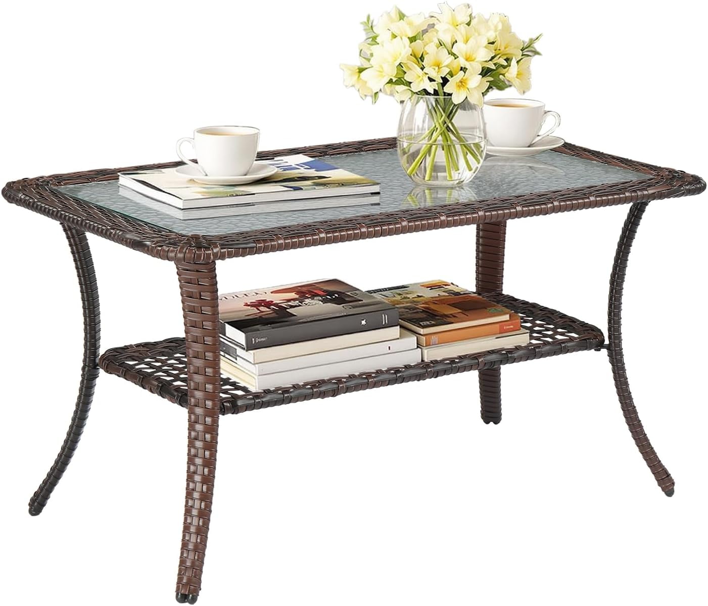 JessieMal Outdoor Coffee Table with Storage Wicker Patio Coffee Table ...
