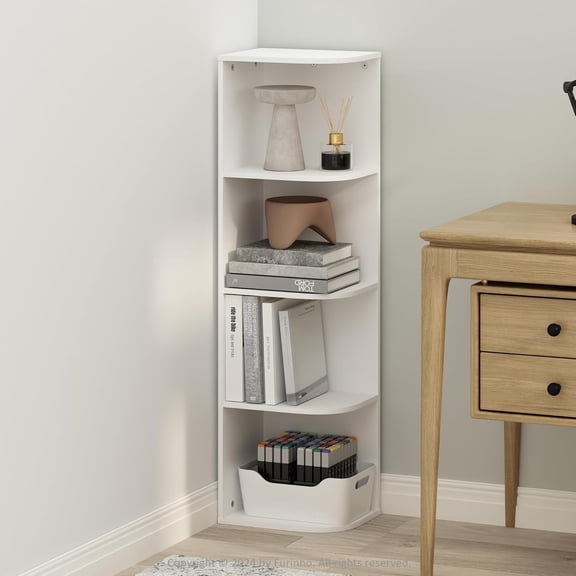 JessieMal Reed Corner Shelf, 4-Tier Corner Bookshelf, Book Shelf, Corner Shelves, Storage Rack, for Organization and Storage, Home Office, Living Room, White
