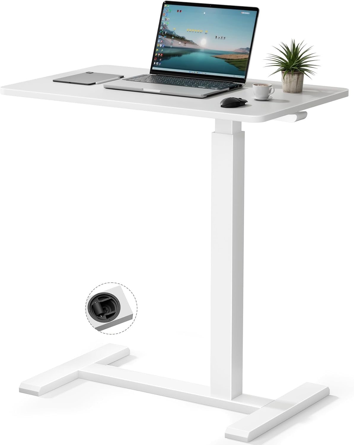 JessieMal Rolling Teacher Standing Desk with Hidden Wheels,Pneumatic Mobile Laptop Table Height Adjustable Small Sit Standing Desk for Home Office,White