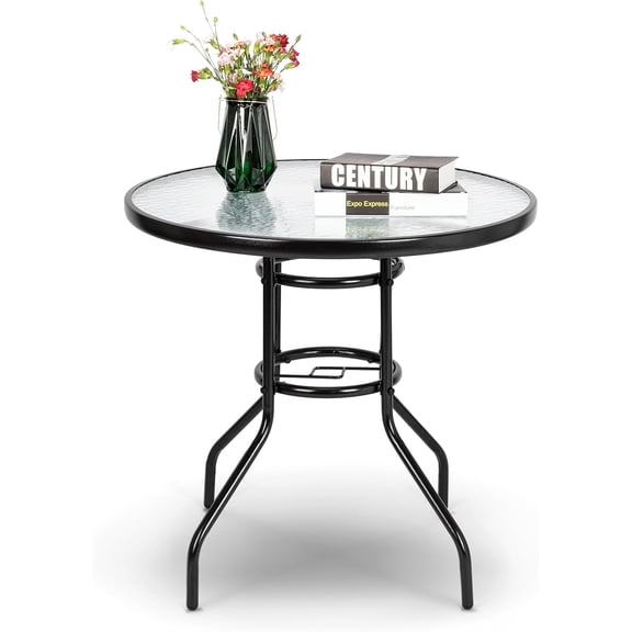 JessieMal Round Patio Table with Umbrella Hole, 32" Outdoor Dining Table Steel Tempered Glass Patio Tables Round Outdoor Tables for Balcony Garden Deck