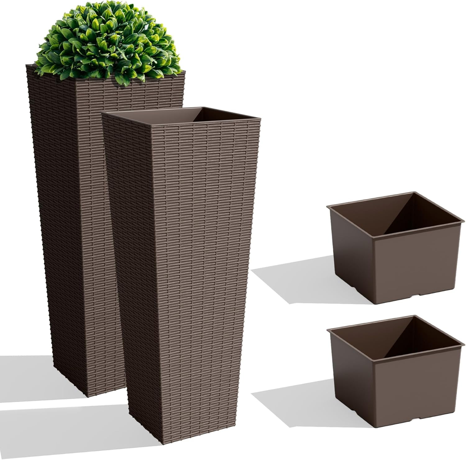JessieMal Set of 2 Resin Rattan Tall Planters for Outdoor Plants, Large Tapered Planters with Drainage Holes&Inner Trays, Flower Pots for Garden, Patio, Porch, Backyard (Brown, 32'')