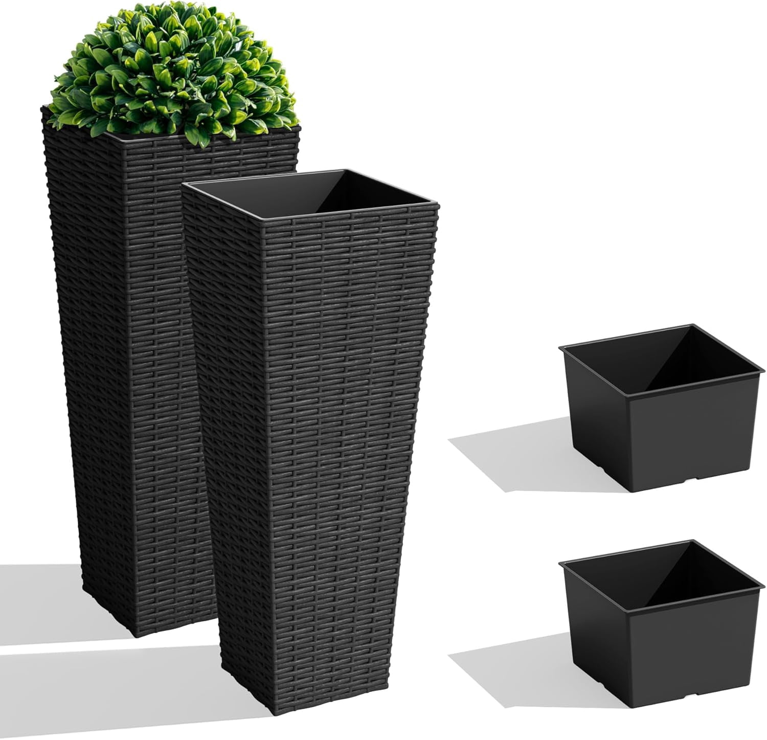 JessieMal Set of 2 Resin Rattan Tall Planters for Outdoor Plants, Large Tapered Planters with Drainage Holes&Inner Trays, Flower Pots for Garden, Patio, Porch, Backyard (Black, 24'')