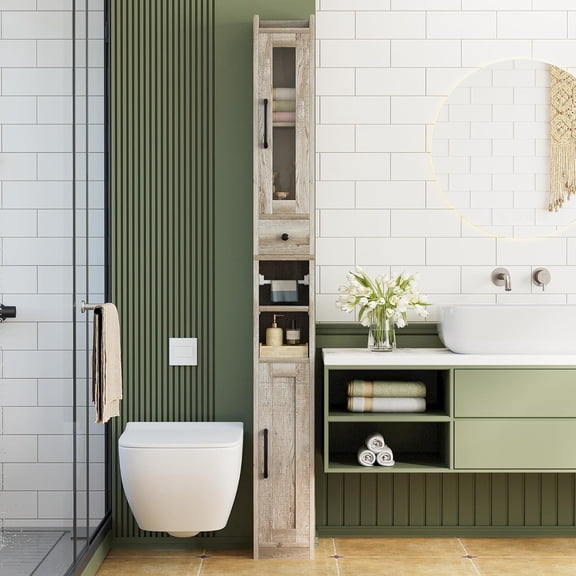 JessieMal Tall Bathroom Cabinet with Drawer and Door, 71" H Slim Freestanding Narrow Storage Cabinet with Adjustable Shelves, Retractable Toilet Paper Rod, for Small Spaces, 7.9" W Rustic Maple