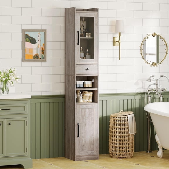JessieMal Tall Bathroom Cabinet with Drawer and Door, 71" H Slim Freestanding Narrow Storage Cabinet with Adjustable Shelves, Retractable Toilet Paper Rod, for Small Spaces, 11.8" W Rustic Maple